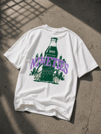 flat lay back view white oversized graphic t shirt nineties culture retro bottle design streetwear fashion