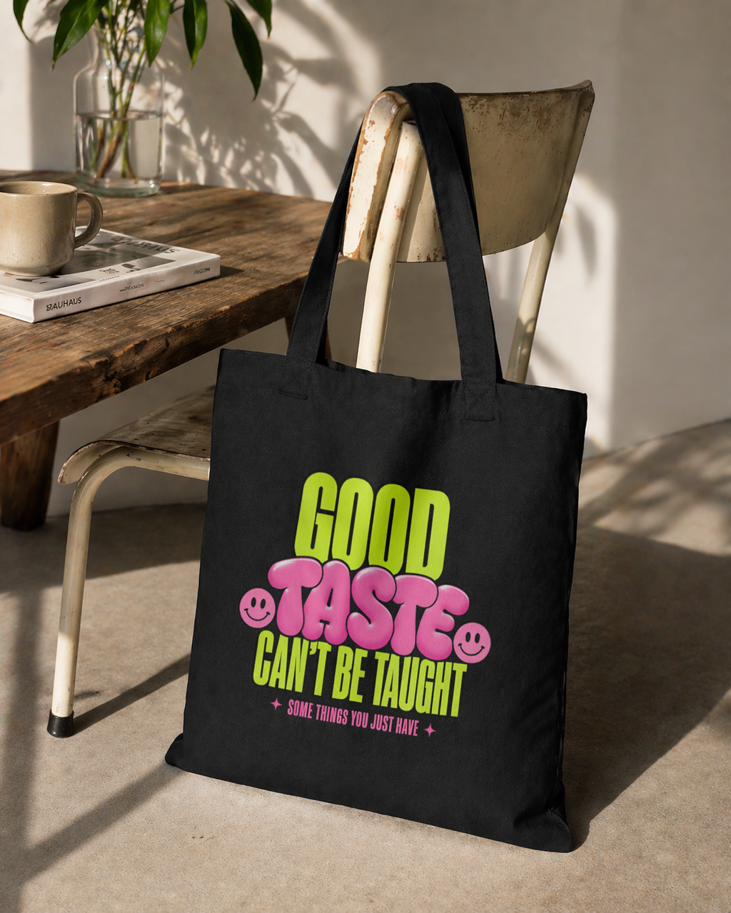 product lifestyle view black tote bag good taste attitude design urban streetwear outfit