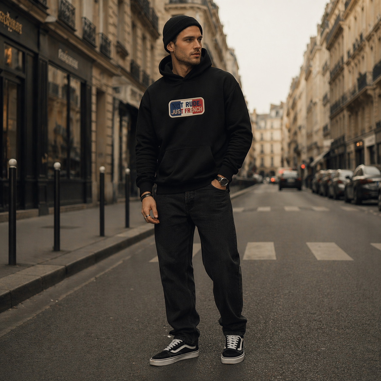 model standing full body wearing oversized black hoodie urban street outfit graphic streetwear