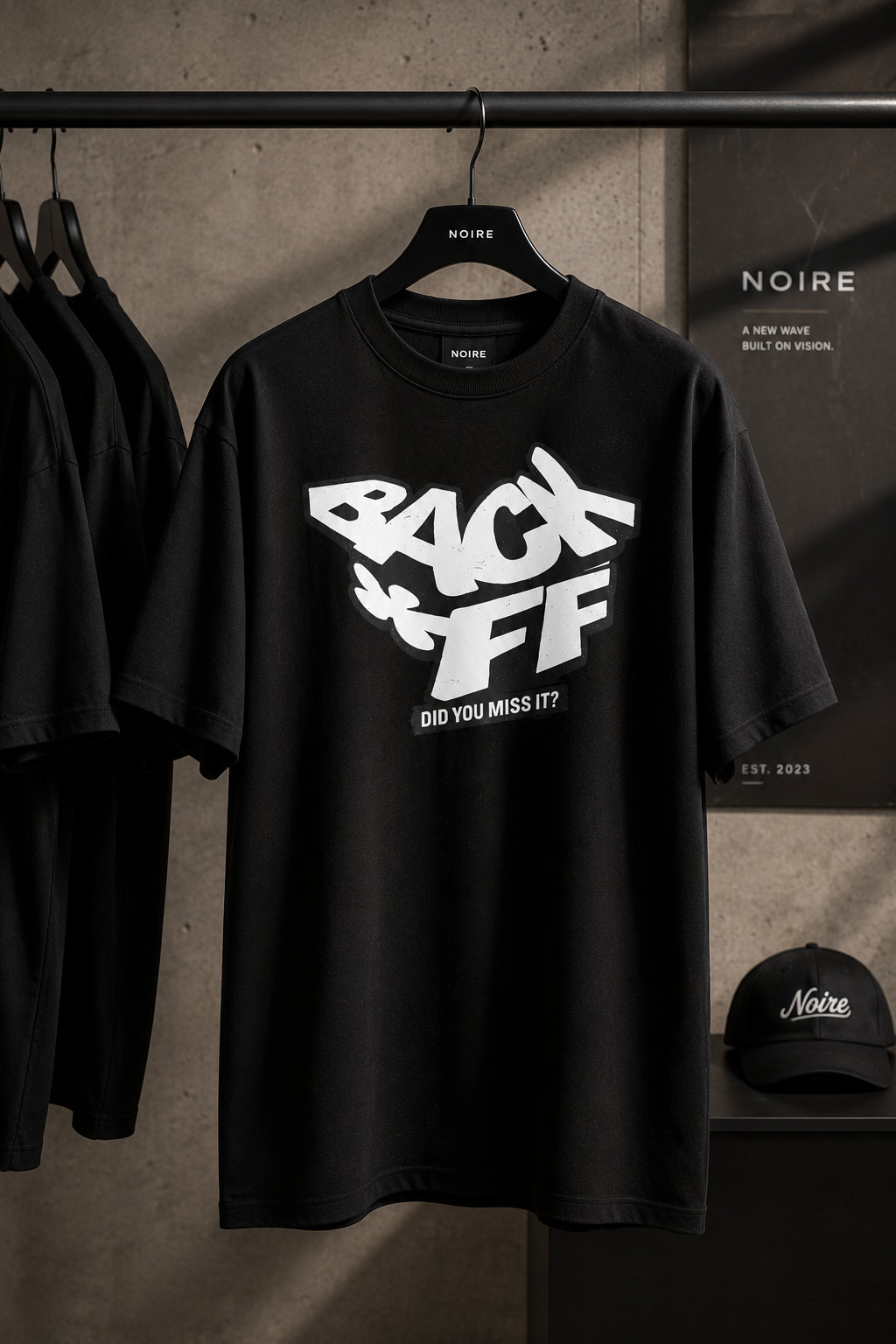 product hanger display oversized black graphic t shirt back off statement typography streetwear fashion