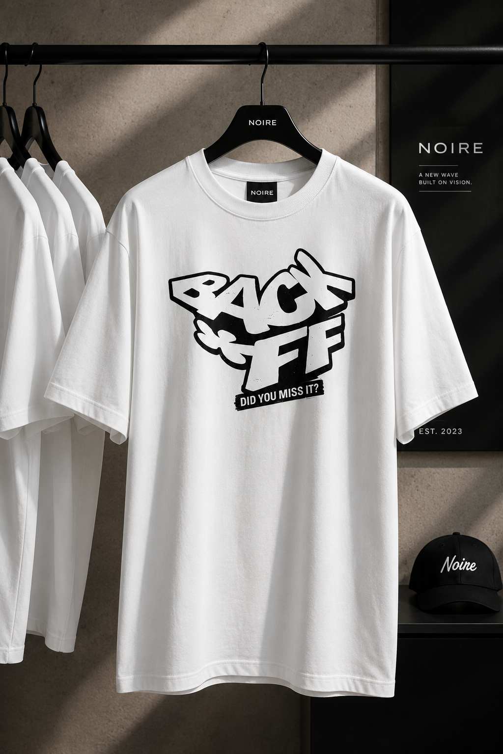 product hanger display oversized white graphic t shirt back off typography streetwear fashion