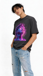 Lifestyle streetwear photo of oversized black graphic t shirt with neon cyber statue futuristic design
