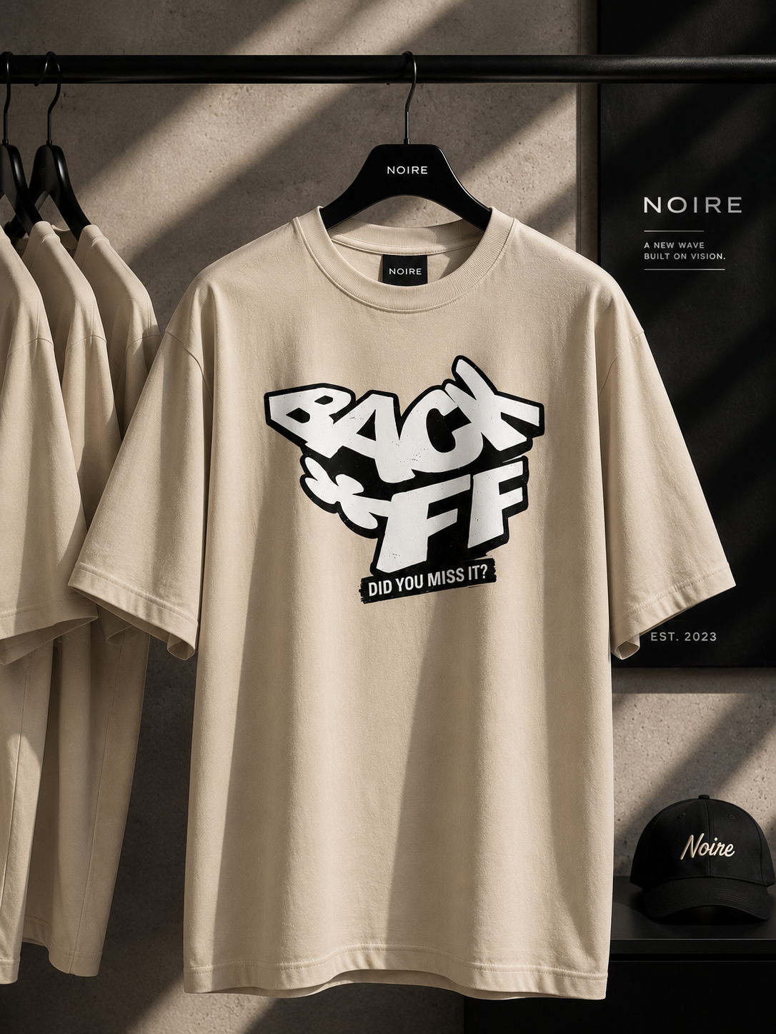 hanger display oversized beige graphic t shirt back off statement design streetwear fashion