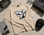 flat lay top view relaxed beige graphic t shirt back off typography urban streetwear outfit