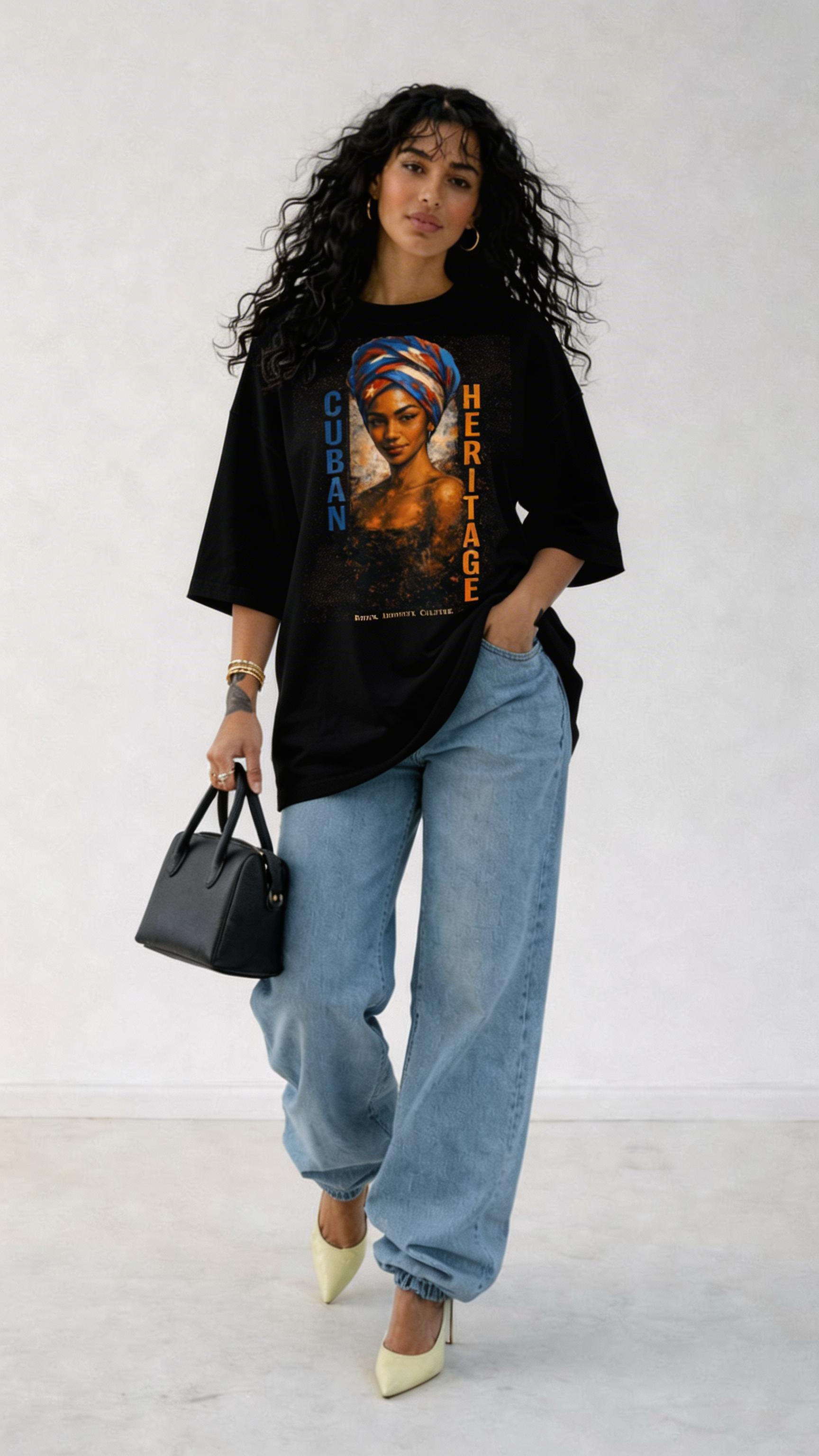 female model walking wearing oversized black graphic t-shirt portrait streetwear outfit with light blue jeans
