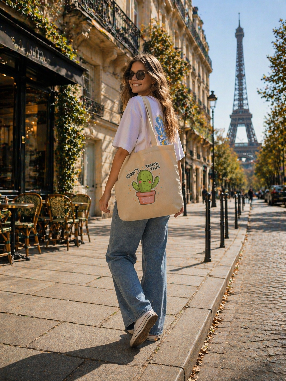 model walking front view wearing beige tote bag cactus graphic design streetwear fashion