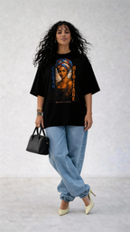female model relaxed pose wearing black oversized graphic t-shirt artistic portrait design streetwear outfit