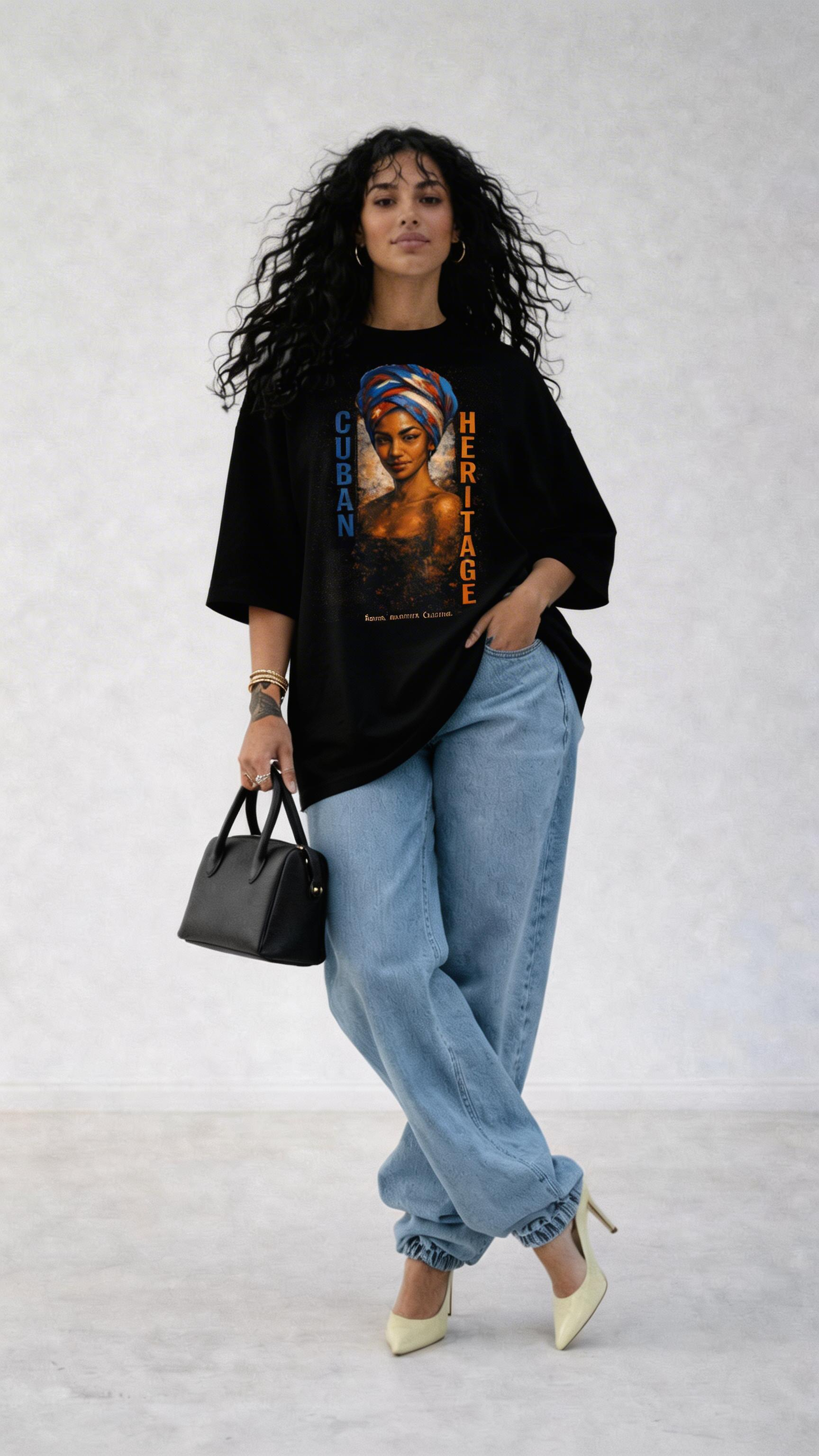 female model full body wearing oversized black graphic t-shirt portrait print urban streetwear outfit clean background