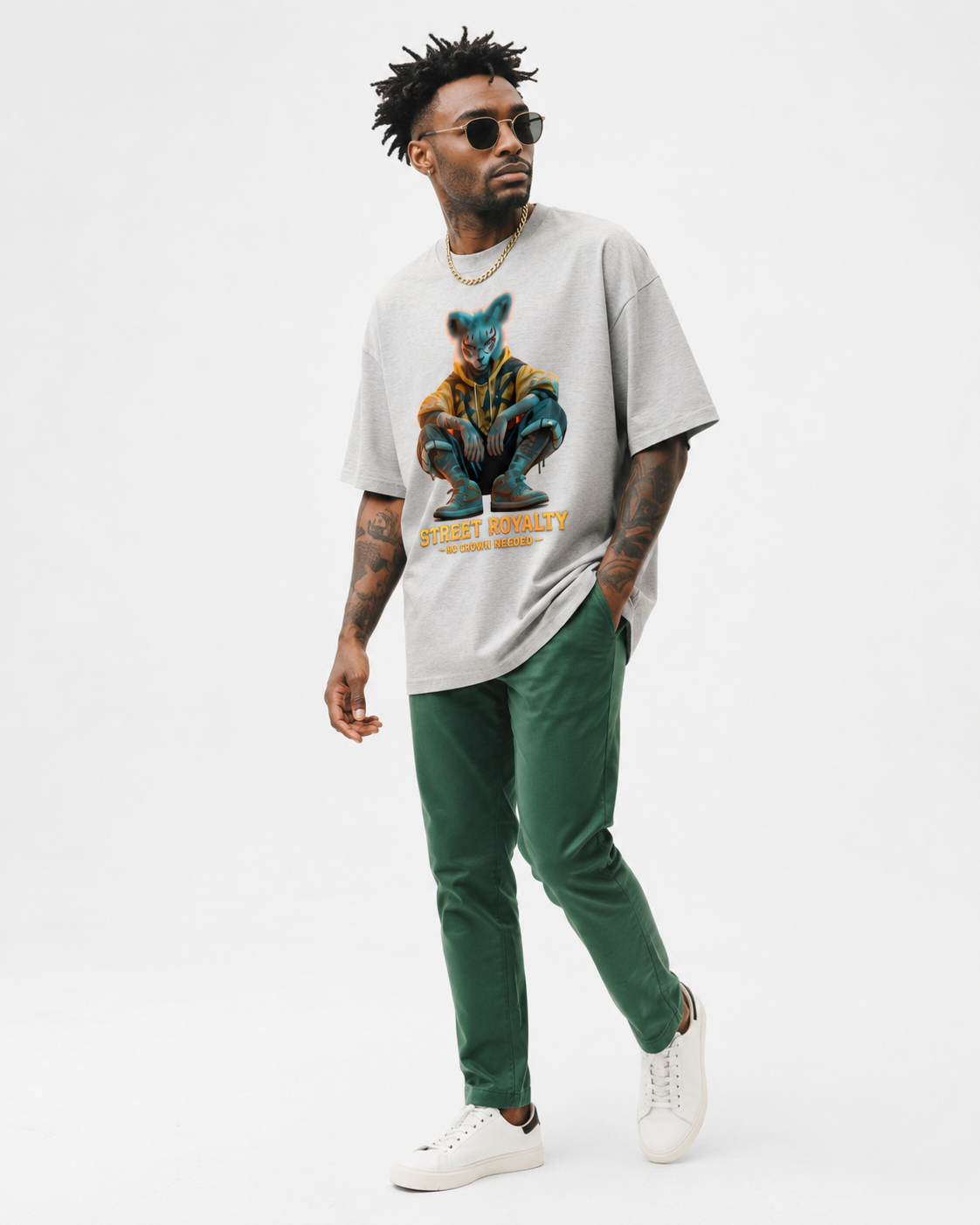 model side walking view wearing oversized heather grey graphic t shirt with street royalty animal artwork urban streetwear fashion