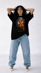 female model standing casual wearing oversized black graphic t-shirt portrait artwork streetwear fashion style