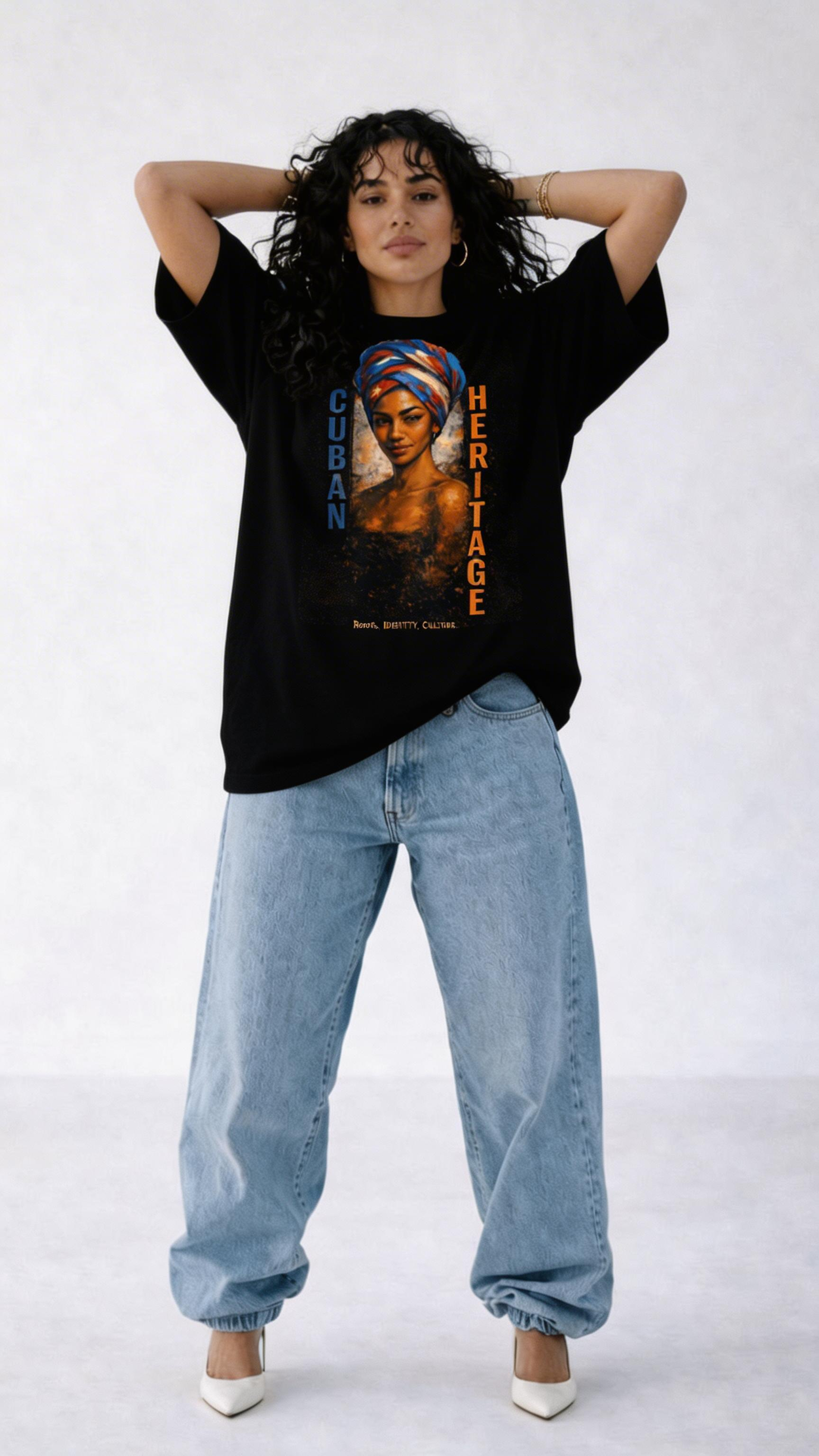 female model standing casual wearing oversized black graphic t-shirt portrait artwork streetwear fashion style