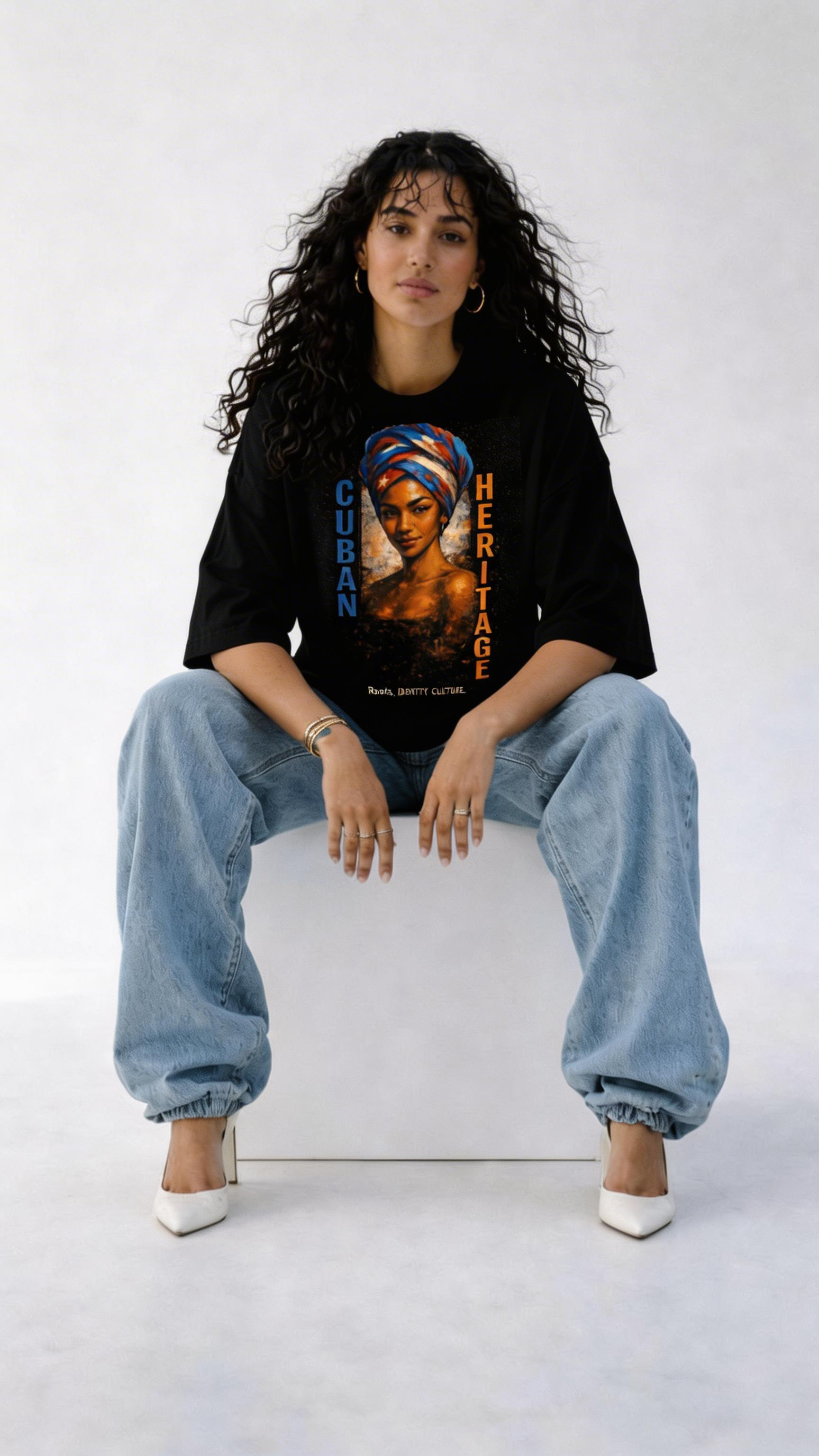 female model relaxed pose wearing black oversized graphic t-shirt artistic portrait design streetwear outfit