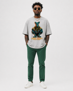 model front view wearing oversized light grey streetwear t shirt with neon animal graphic urban streetwear outfit