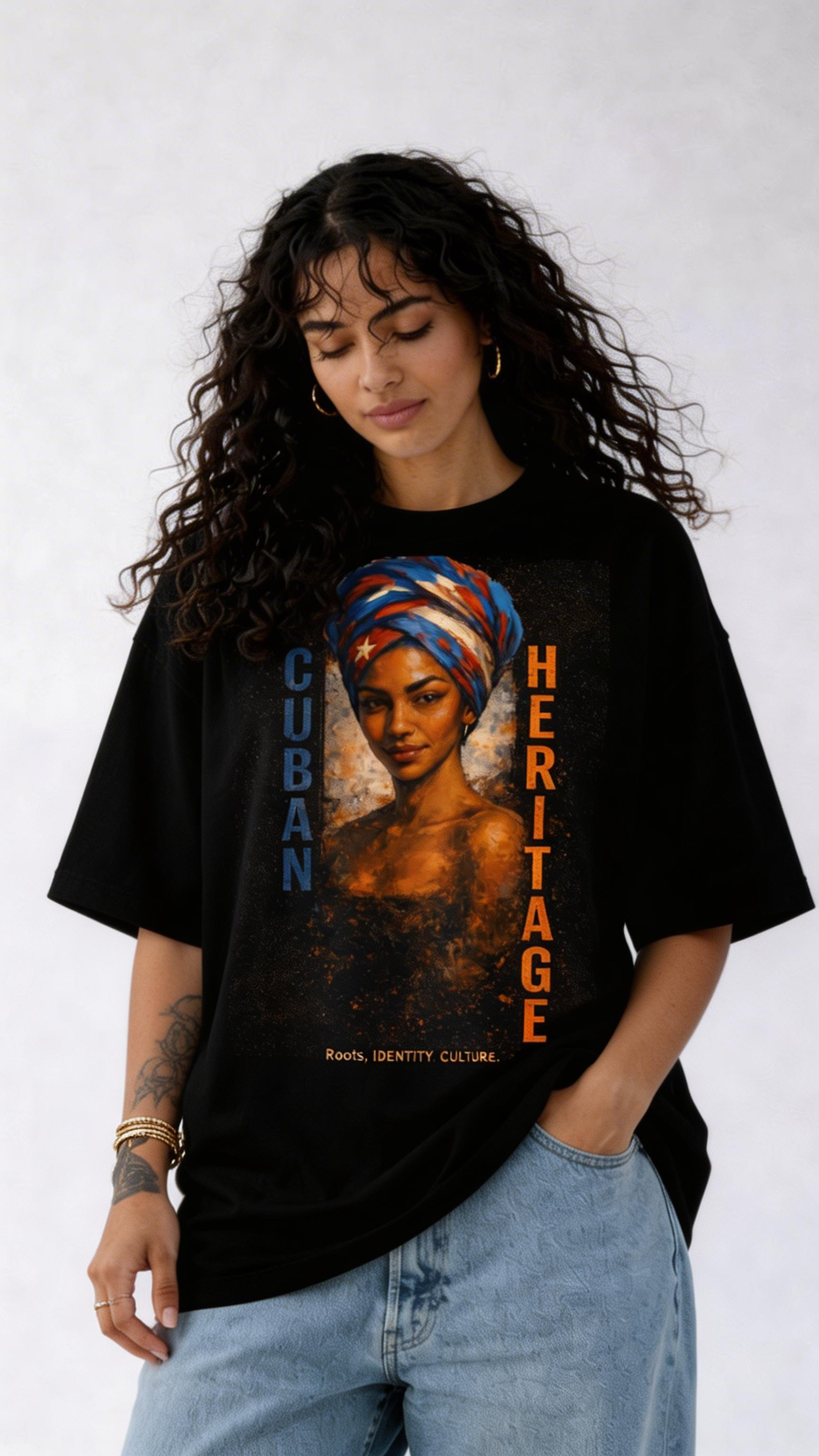 female model front pose wearing oversized black graphic t-shirt portrait print urban streetwear fashion look