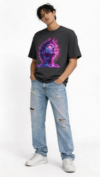 Male model wearing oversized black urban streetwear graphic t shirt with neon cyber statue digital art design