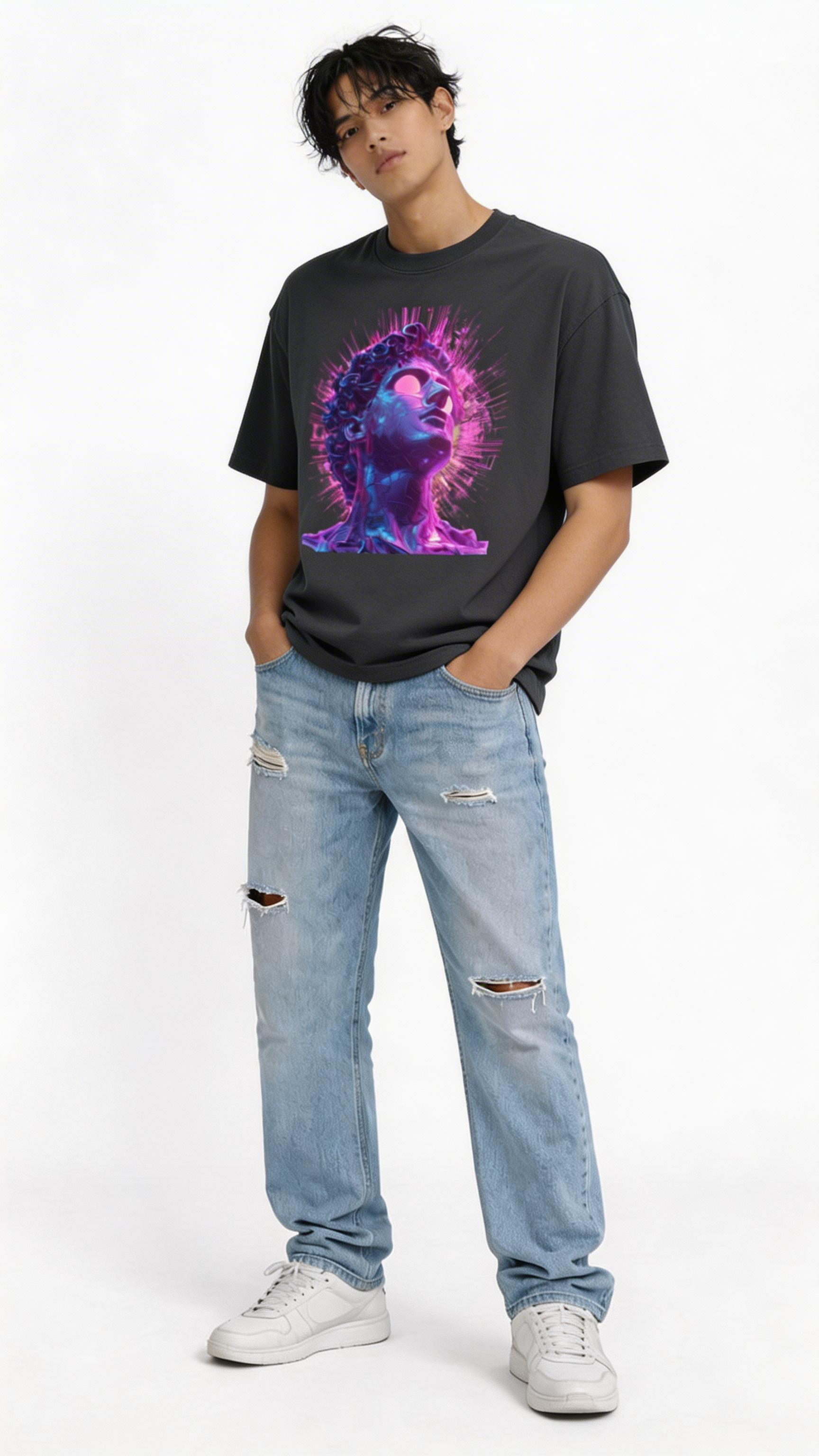 Male model wearing oversized black urban streetwear graphic t shirt with neon cyber statue digital art design