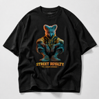oversized black graphic t shirt front flat lay featuring neon animal character design urban streetwear fashion