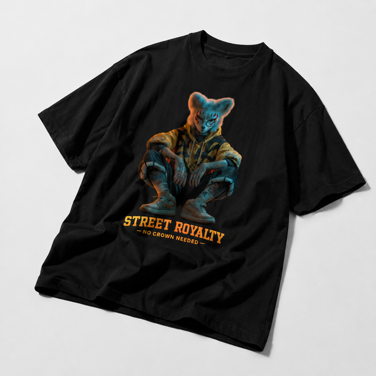 angled flat lay black oversized streetwear tee with futuristic animal graphic and bold orange streetwear typography