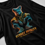 close up black graphic t shirt detail with cyber animal artwork oversized urban streetwear outfit