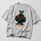 flat lay oversized heather grey graphic t shirt with futuristic street royalty animal design urban streetwear fashion