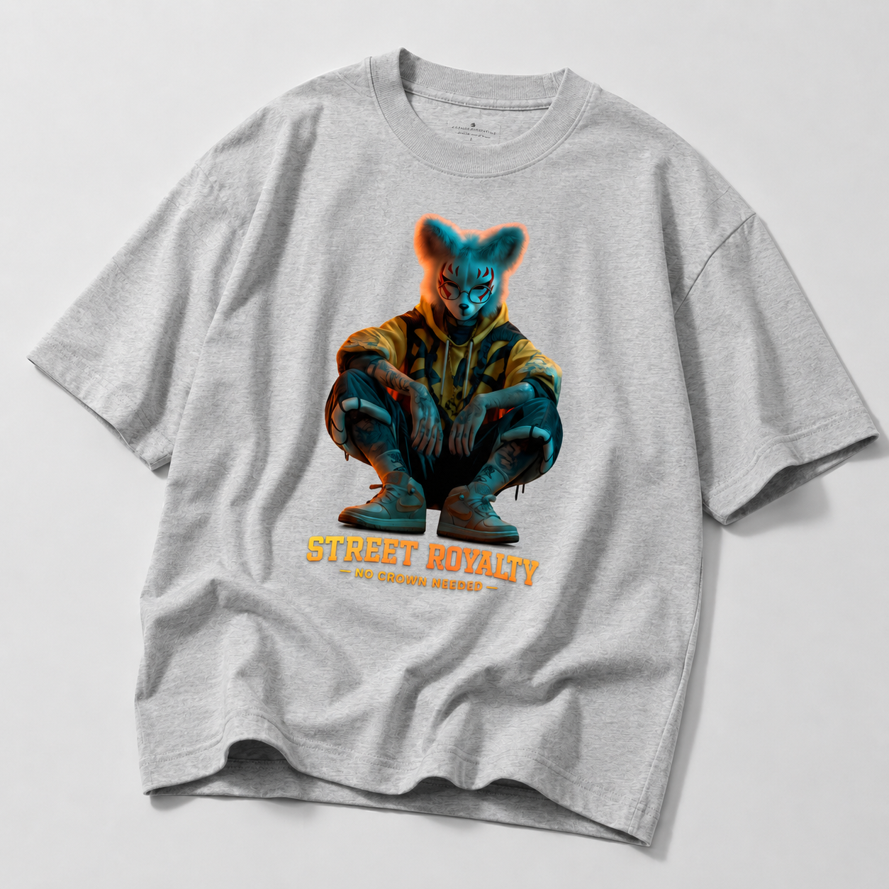 flat lay oversized heather grey graphic t shirt with futuristic street royalty animal design urban streetwear fashion