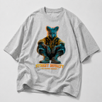 flat lay relaxed fit grey streetwear tee with neon animal graphic and orange typography graphic streetwear