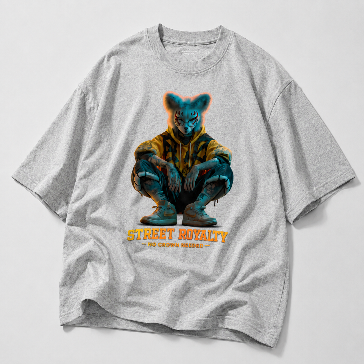 flat lay relaxed fit grey streetwear tee with neon animal graphic and orange typography graphic streetwear