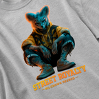 close up detail of oversized heather grey graphic t shirt featuring futuristic animal artwork and street royalty typography urban streetwear outfit