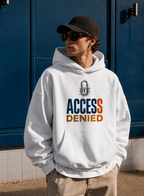 model front view wearing oversized white graphic hoodie with access denied typography print urban streetwear outfit