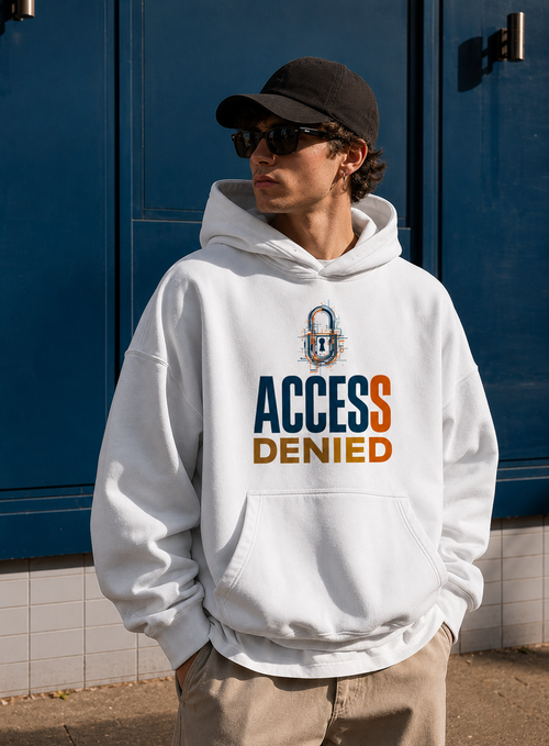 model front view wearing oversized white graphic hoodie with access denied typography print urban streetwear outfit