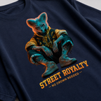 oversized navy blue graphic t shirt close up with futuristic animal artwork and bold orange typography graphic streetwear
