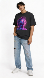 Male model wearing oversized black urban streetwear graphic t shirt with neon cyber statue digital art design