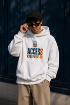 male model portrait adjusting sunglasses while wearing oversized white graphic hoodie modern streetwear fashion