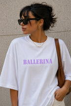 close up model wearing oversized white ballerina graphic t-shirt with pastel purple front logo sunglasses urban streetwear outfit