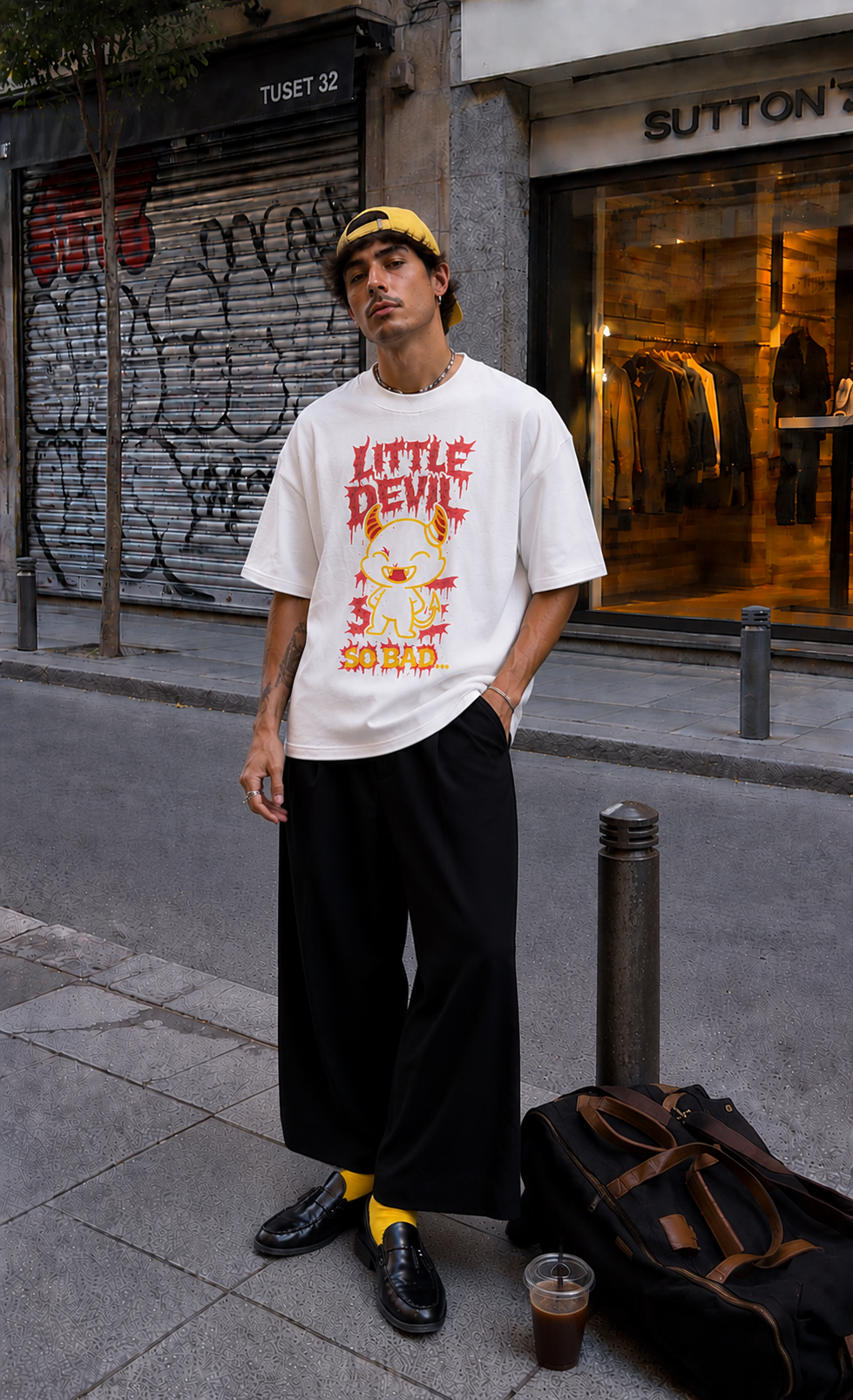 male model standing in street wearing oversized white graphic t shirt with little devil design and wide leg pants urban streetwear outfit