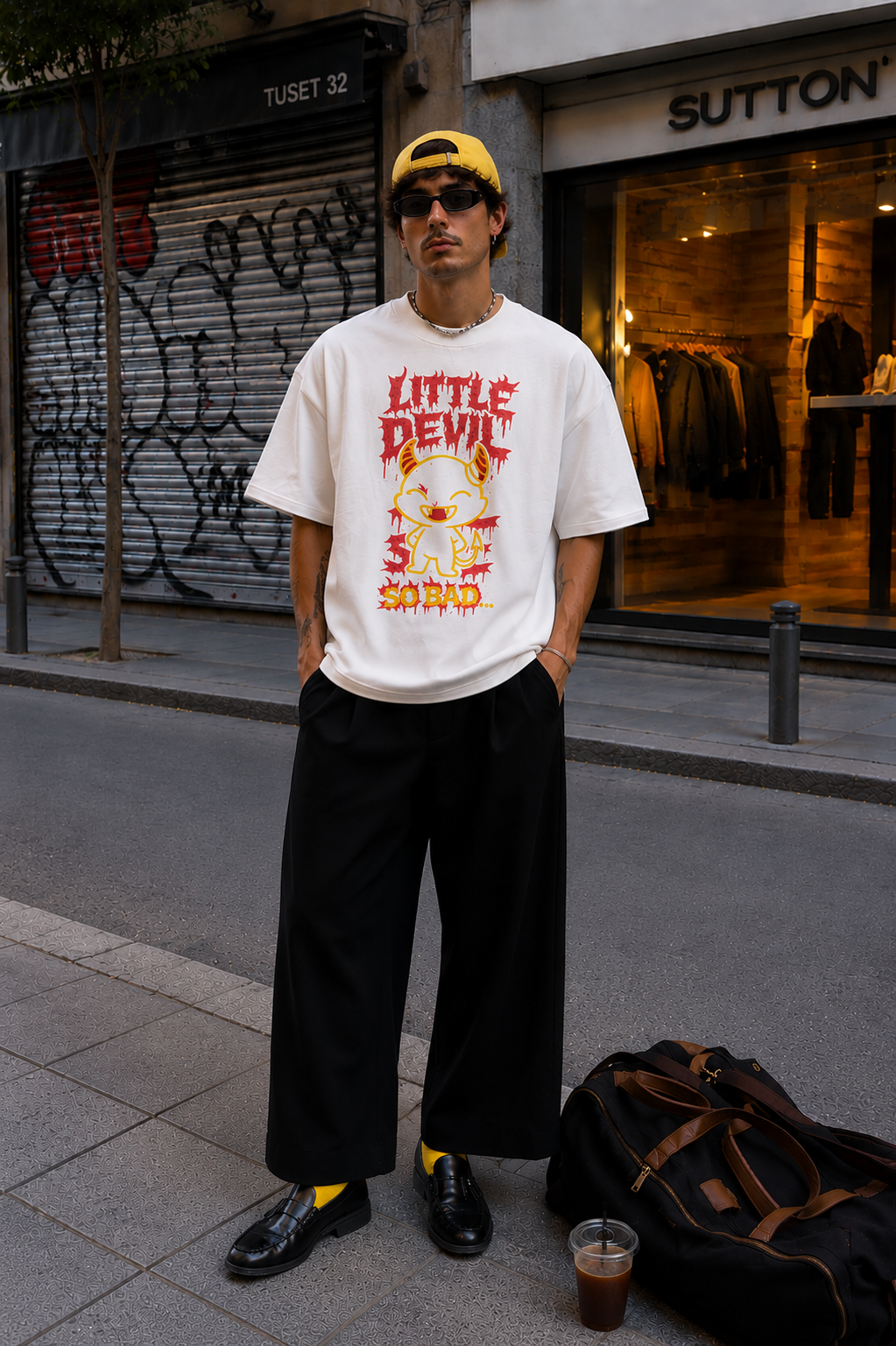 male model standing front view wearing oversized white graphic t shirt with little devil cartoon design urban streetwear outfit