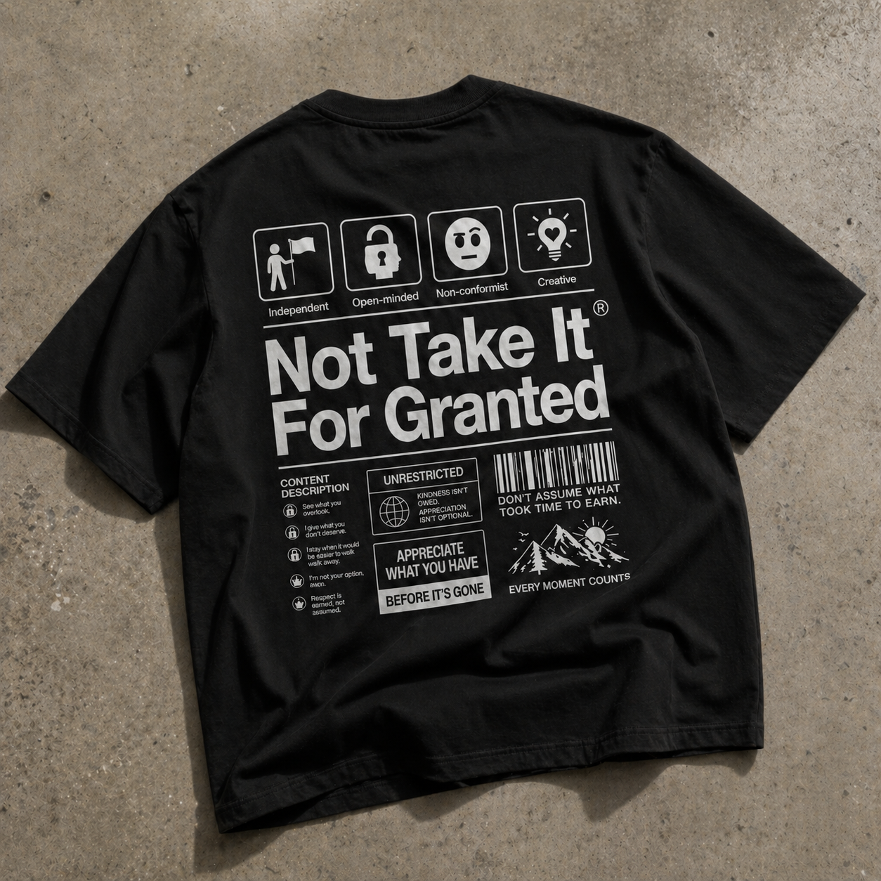 back view oversized black graphic t-shirt not take it for granted statement design graphic streetwear