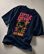 navy blue oversized graphic t shirt with little devil character design and vibrant red yellow print streetwear fashion