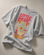 heather gray oversized graphic t shirt featuring little devil cartoon artwork and statement typography casual streetwear style