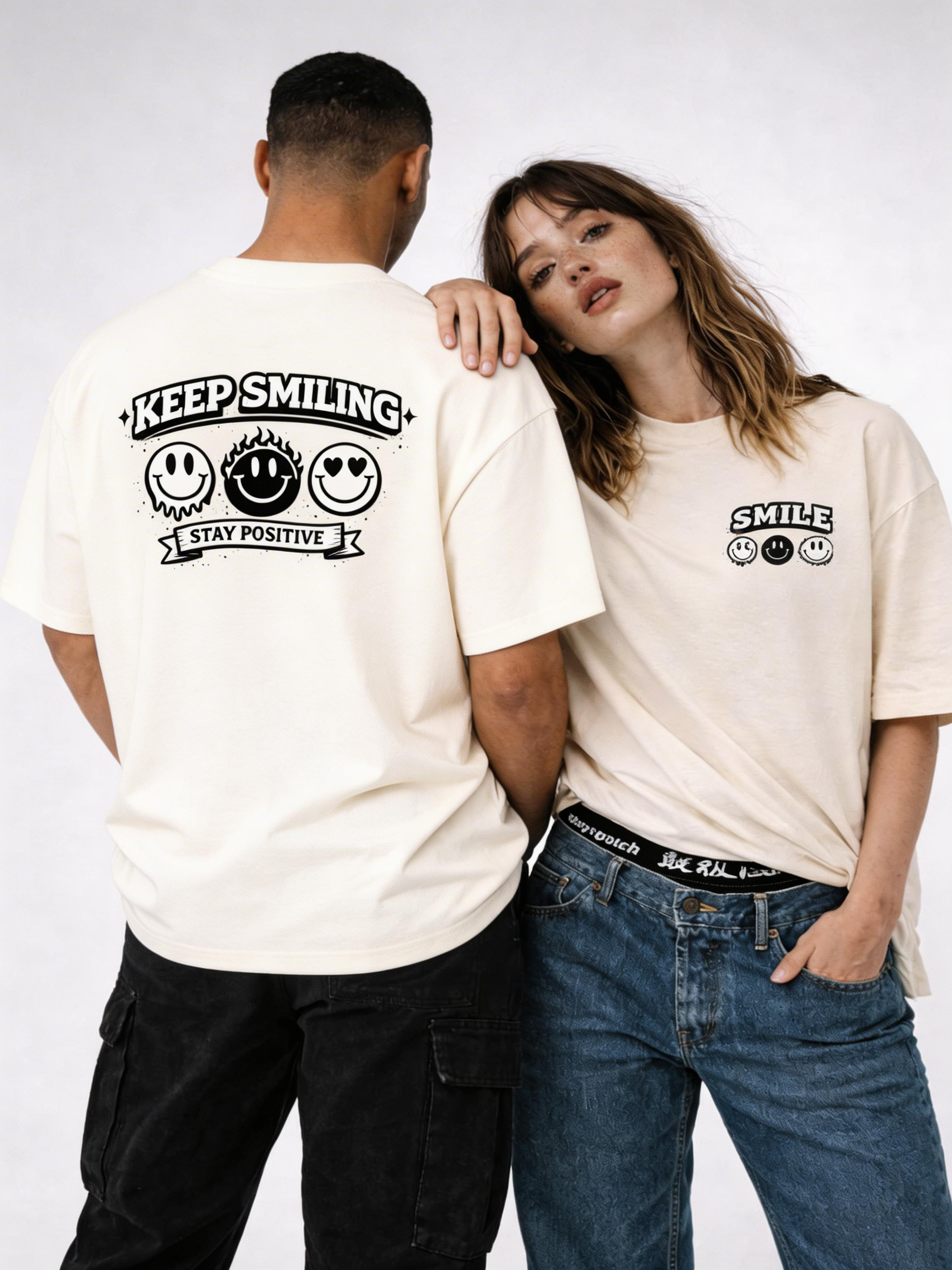 male model back view and female model front view wearing oversized beige graphic t-shirt keep smiling stay positive back print streetwear outfit