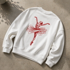 flat lay back view white oversized ballerina graphic sweatshirt red sketch ballerina print urban streetwear
