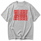 oversized heather gray graphic t shirt flat lay front view with red influence typography design relaxed streetwear fashion