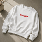flat lay front white ballerina statement sweatshirt red typography graphic streetwear fashion