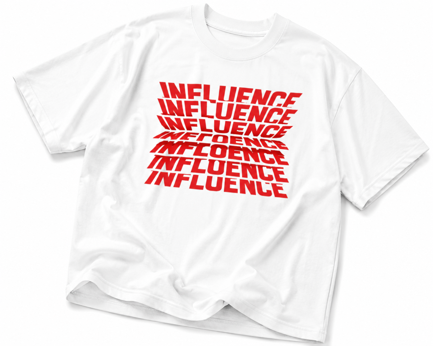 oversized white graphic t shirt flat lay with bold red influence typography design graphic streetwear fashion
