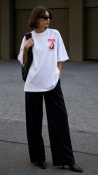 model standing front view wearing oversized white graphic t shirt pitaya chest print urban streetwear outfit