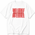 white oversized graphic t shirt front view featuring red influence text graphic relaxed urban streetwear style