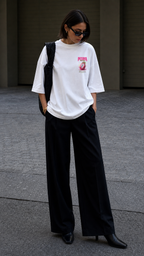 model looking down front view wearing oversized white graphic t shirt pitaya chest logo streetwear fashion