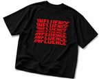 black oversized graphic t shirt angled flat lay featuring red influence text design urban streetwear outfit