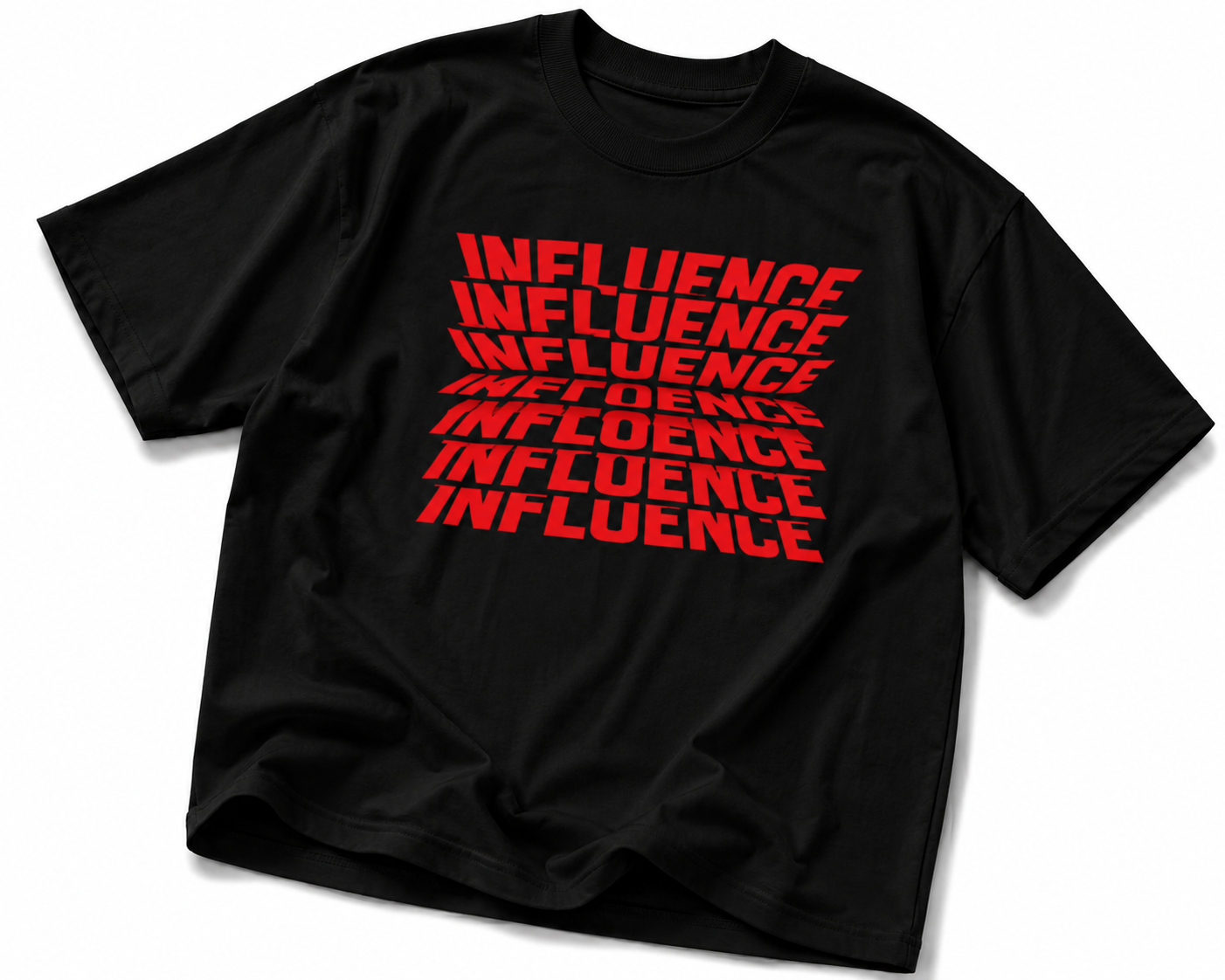 black oversized graphic t shirt angled flat lay featuring red influence text design urban streetwear outfit