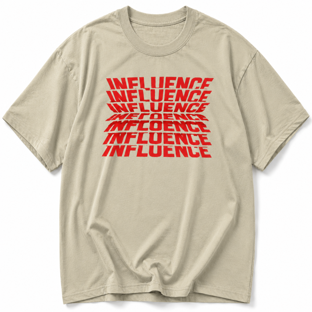 oversized stone graphic t shirt front view with red influence typography print relaxed streetwear fashion